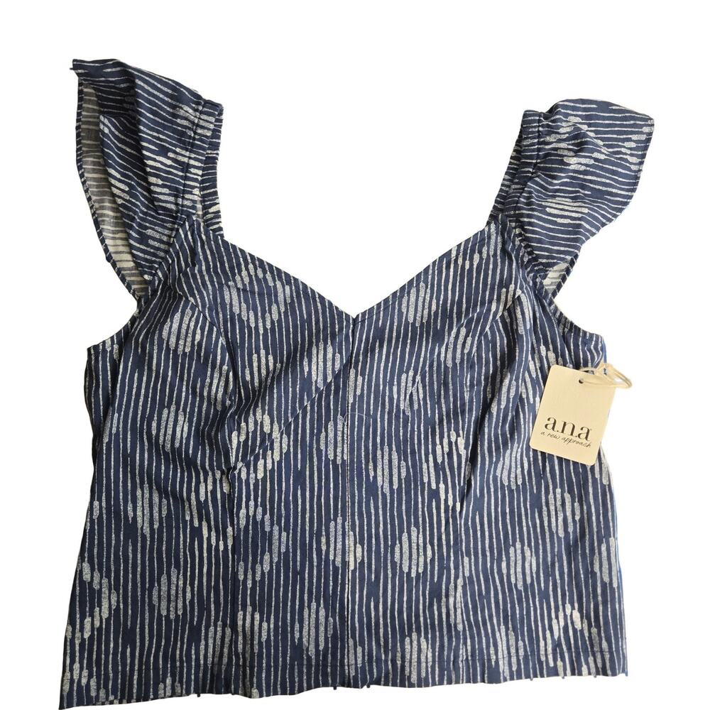 a.n.a TAYLOR GEO Ruffle Sleeve Top Women's M Blue White Cotton Smocked COTTAGE